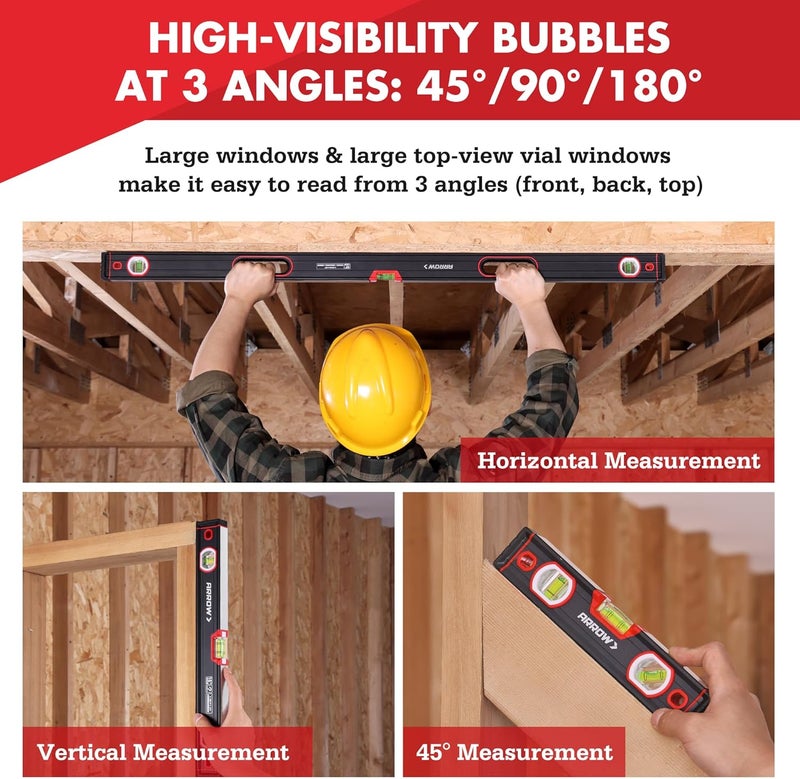 Arrow Fastener مجموعة مستوى الروح ARROW 3 قطع تتضمن مستوى 9"/16"/48" مع فقاعات 45°/90°/180°، حقيبة حمل، هيكل من سبائك الألمنيوم، قاعدة مصنوعة بدقة وأغطية مطاطية مقاومة للصدمات للبناء، النجارة - Image 4